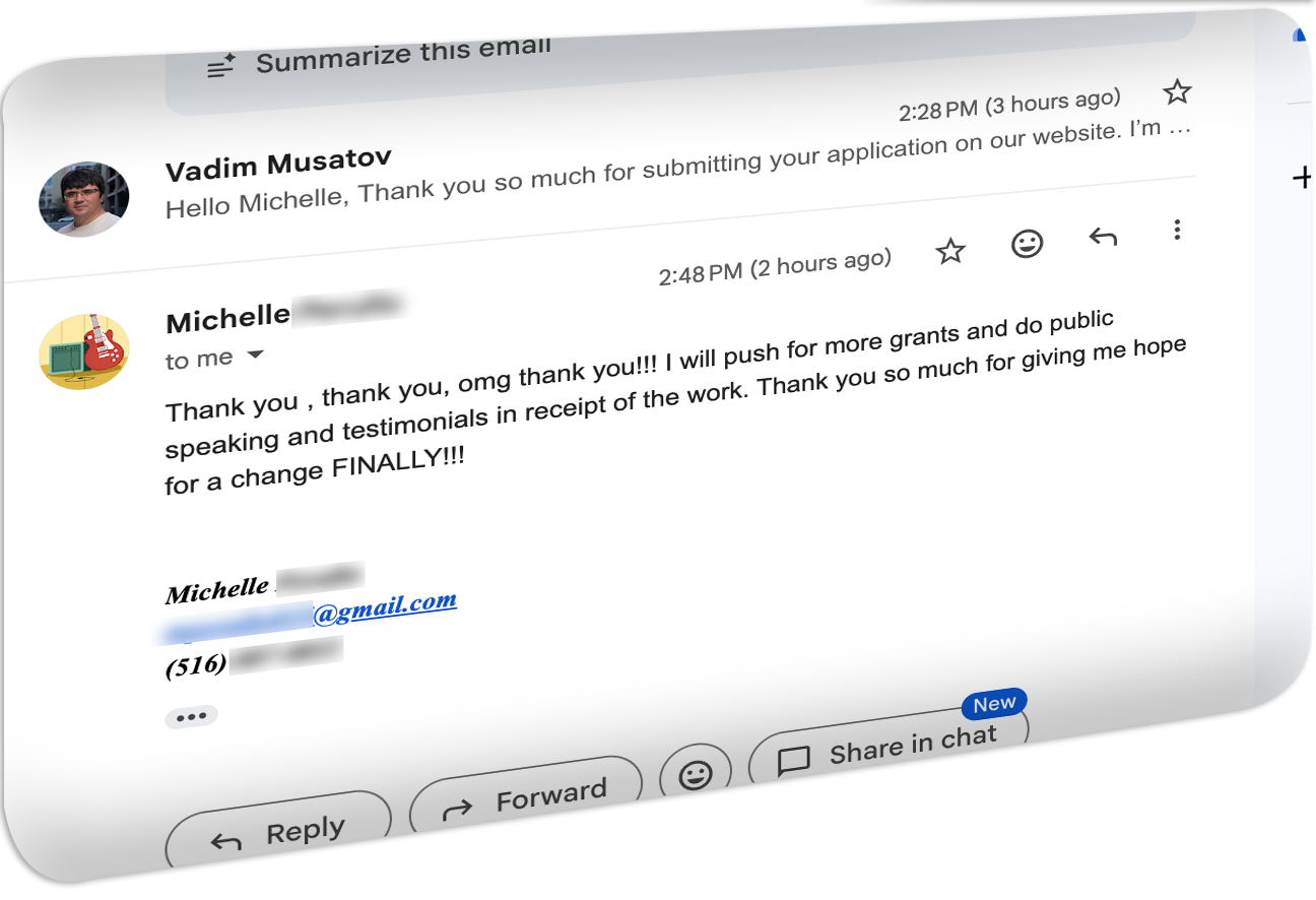 Email reply from a Smile Again Foundation candidate thanking the team after submitting her application